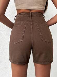 EURMUSE Solid Slant Pocket Denim Shorts - Chocolate Brown - View 2