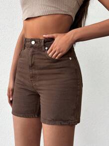 EURMUSE Solid Slant Pocket Denim Shorts - Chocolate Brown - View 5