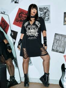 ROMWE PUNK Đầm Plus Size Bị tách Lá thư Lễ Các Thánh Giải trí - màu đen - Xem 3