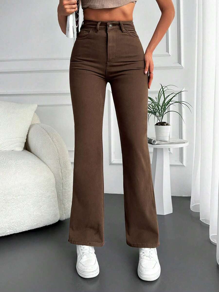 Cottnline Casual Solid Flare Leg Jeans