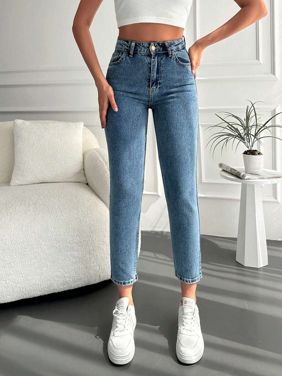 RueChic 素色九分媽媽牛仔褲 - 中等水洗藍 - 查看 1