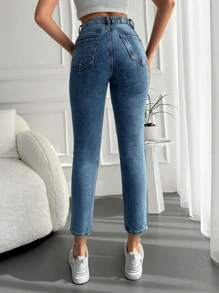 RueChic 素色九分媽媽牛仔褲 - 中等水洗藍 - 查看 2