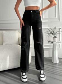 Cottnline Ripped Straight Leg Jeans - Black - View 1