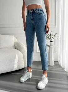 RueChic 素色九分媽媽牛仔褲 - 中等水洗藍 - 查看 4