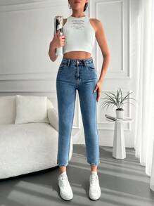 RueChic 素色九分媽媽牛仔褲 - 中等水洗藍 - 查看 5