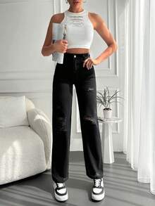 Cottnline Ripped Straight Leg Jeans - Black - View 5