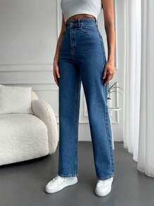 EURMUSE Patched Detail High Waisted Jeans - Medium Wash - View 3