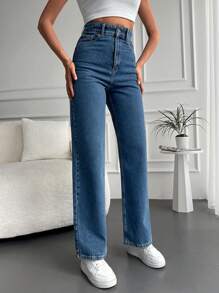 EURMUSE Patched Detail High Waisted Jeans - Medium Wash - View 4