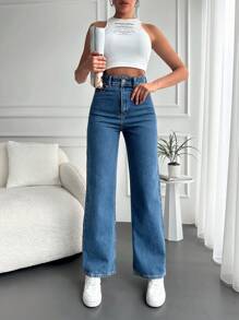 EURMUSE Patched Detail High Waisted Jeans - Medium Wash - View 5