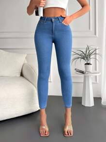 Cottnline Solid Skinny Cropped Jeans - Medium Wash - View 1