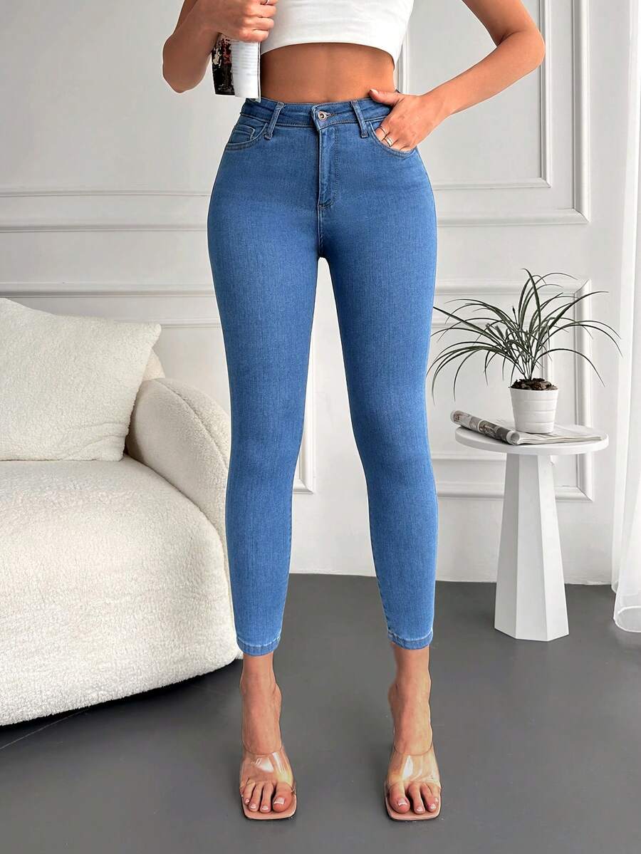 Cottnline Solid Skinny Cropped Jeans - Medium Wash - View 1
