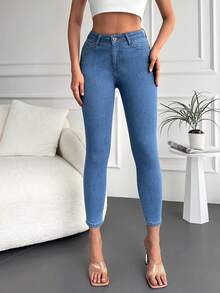 Cottnline Solid Skinny Cropped Jeans - Medium Wash - View 3