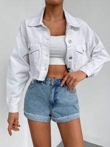 Cottnline 翻蓋口袋落肩袖短款牛仔夾克 - 白色 - 查看 1