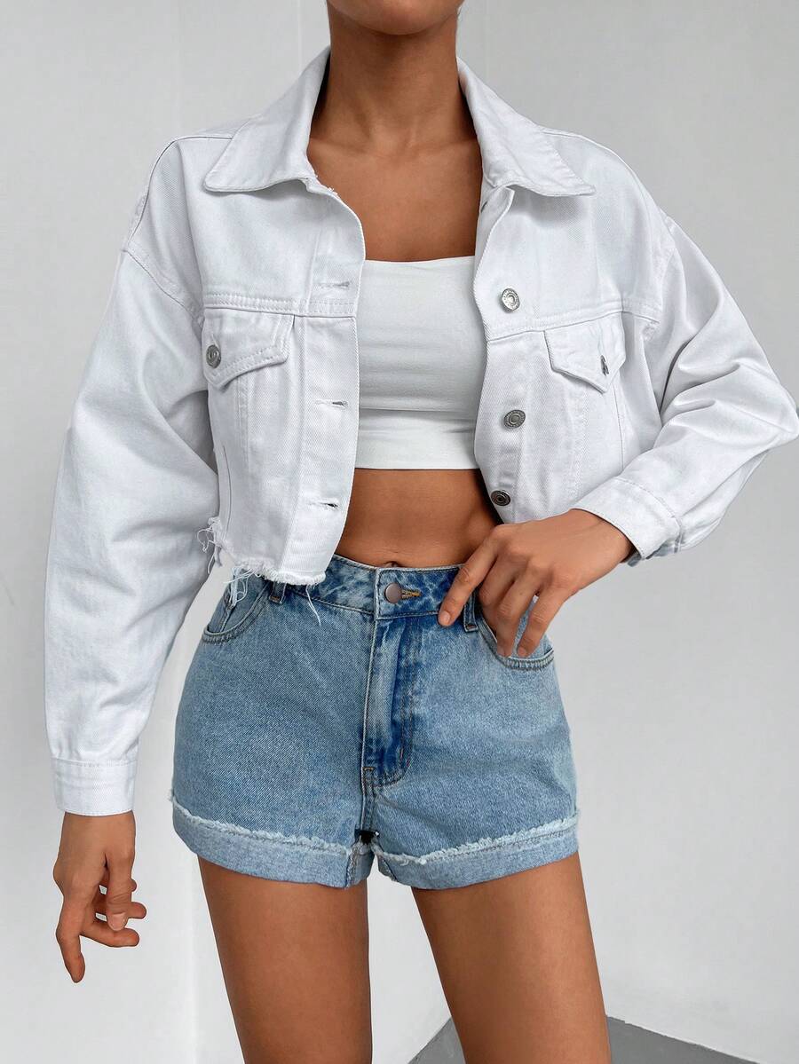 Cottnline 翻蓋口袋落肩袖短款牛仔夾克 - 白色 - 查看 1