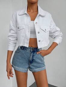 Cottnline 翻蓋口袋落肩袖短款牛仔夾克 - 白色 - 查看 3