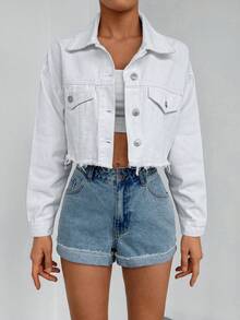 Cottnline 翻蓋口袋落肩袖短款牛仔夾克 - 白色 - 查看 4