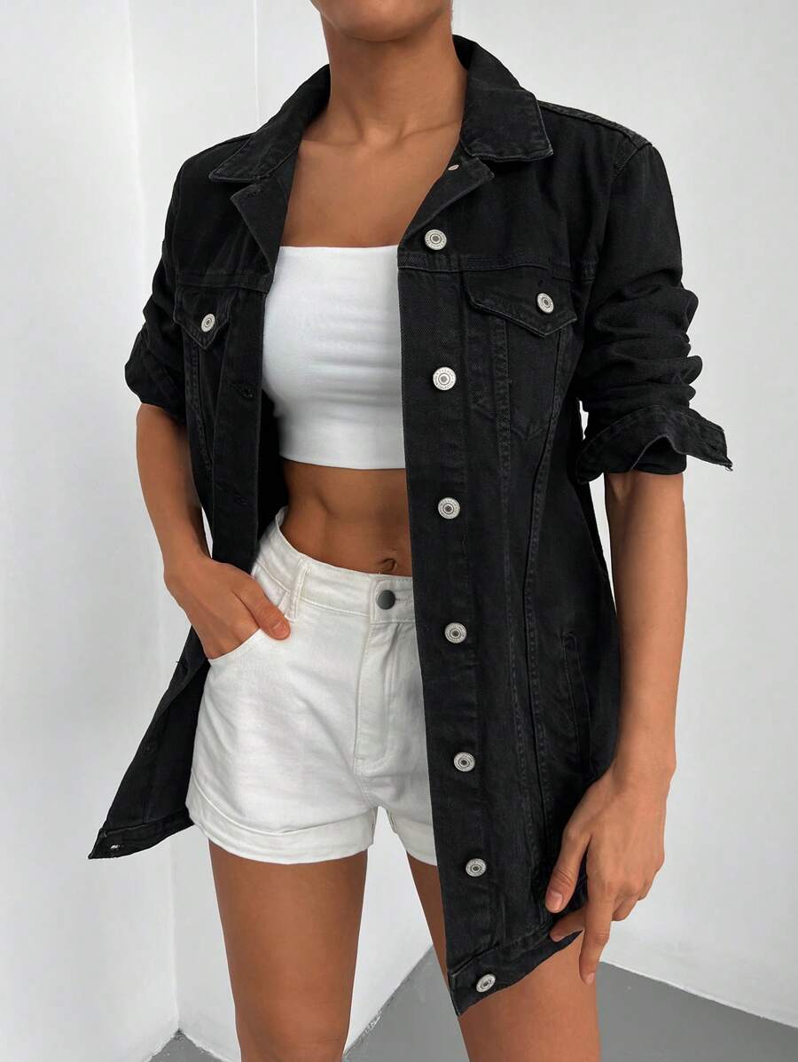 EURMUSE 100%Cotton Flap Pocket Button Front Denim Coat - Black - View 1