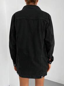 EURMUSE 100%Cotton Flap Pocket Button Front Denim Coat - Black - View 2