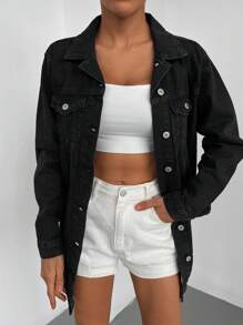 EURMUSE 100%Cotton Flap Pocket Button Front Denim Coat - Black - View 4