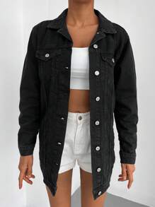 EURMUSE 100%Cotton Flap Pocket Button Front Denim Coat - Black - View 5