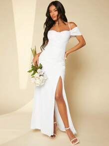 SHEIN Belle Cold Shoulder Split Thigh Wedding Dress - White - View 1