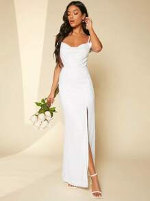 SHEIN Belle Cold Shoulder Split Thigh Wedding Dress - White - View 3