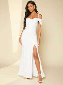 SHEIN Belle Cold Shoulder Split Thigh Wedding Dress - White - View 6