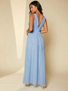 SHEIN Belle 深V領高衩金屬亮絲伴娘連衣裙 - 淺藍色 - 查看 2