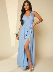 SHEIN Belle 深V領高衩金屬亮絲伴娘連衣裙 - 淺藍色 - 查看 3