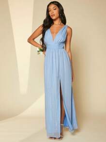 SHEIN Belle 深V領高衩金屬亮絲伴娘連衣裙 - 淺藍色 - 查看 4