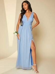 SHEIN Belle 深V領高衩金屬亮絲伴娘連衣裙 - 淺藍色 - 查看 5