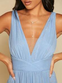 SHEIN Belle 深V領高衩金屬亮絲伴娘連衣裙 - 淺藍色 - 查看 6