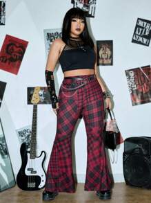 ROMWE PUNK Plus Plaid Print Flare Leg Trousers Without Belt - Multicolor - View 5