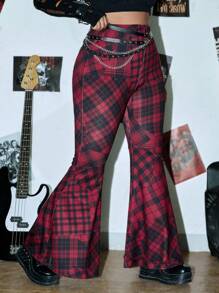 ROMWE PUNK Plus Plaid Print Flare Leg Trousers Without Belt - Multicolor - View 1