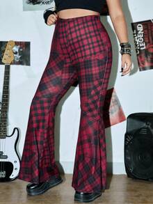 ROMWE PUNK Plus Plaid Print Flare Leg Trousers Without Belt - Multicolor - View 4