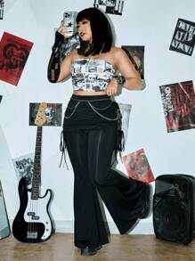 ROMWE PUNK Pantalones con pierna acampanada, con cordón y fruncido lateral, para la escuela, talla grande - Negro - Ver 6