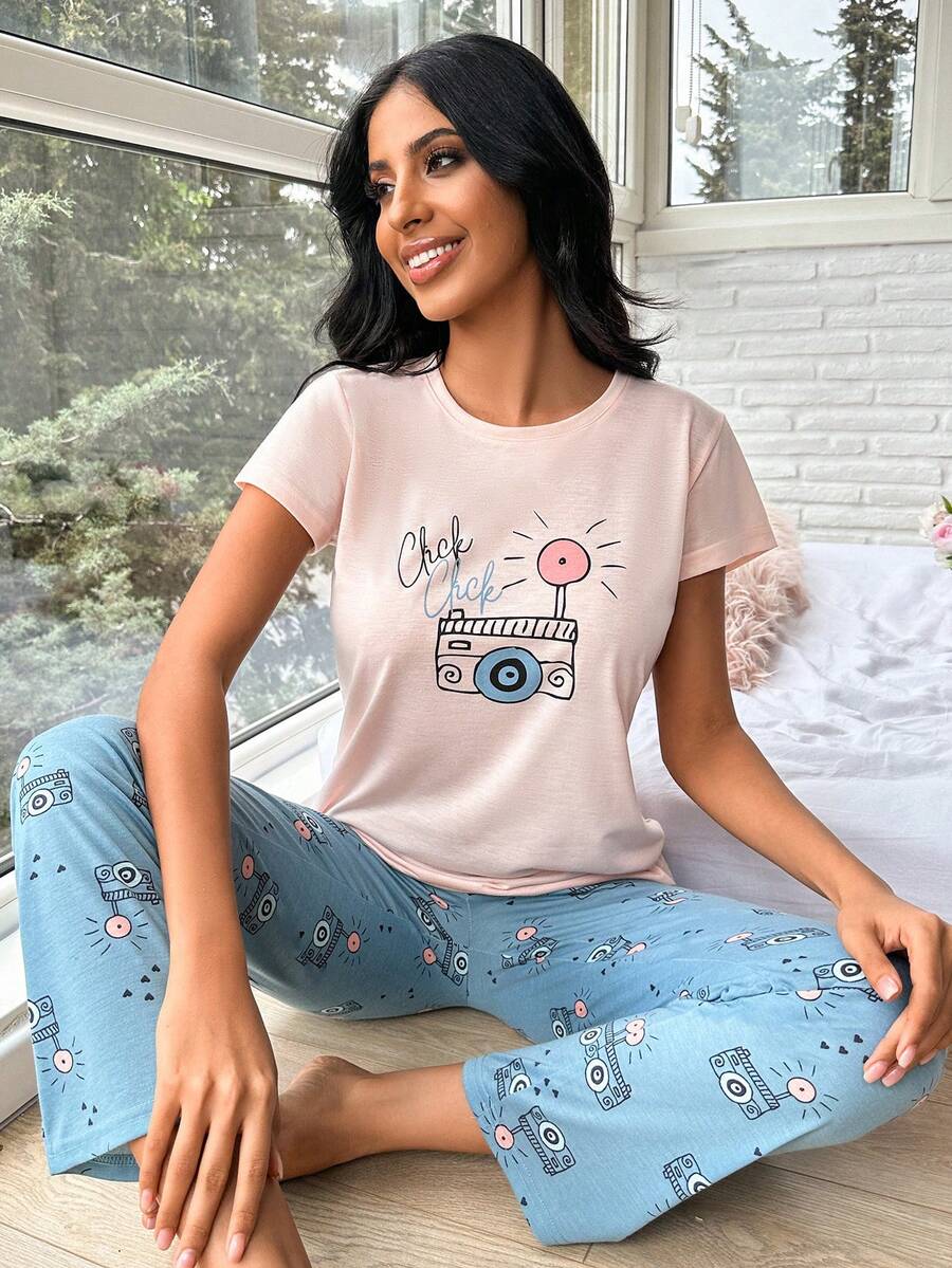 RueChic Cartoon And Letter Graphic PJ Set - Multicolor - View 1