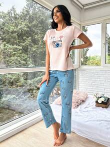 RueChic Cartoon And Letter Graphic PJ Set - Multicolor - View 5