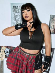 ROMWE PUNK 大碼前鏤空短款背心 - 黑色 - 查看 6