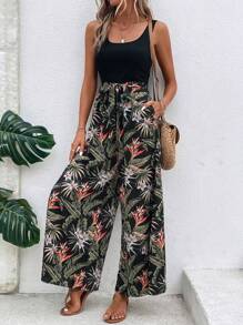 SHEIN LUNE Combinaison À Fines Brides Imprimé Tropical À Poche Ceinturé