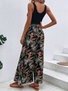 SHEIN LUNE Combinaison À Fines Brides Imprimé Tropical À Poche Ceinturé