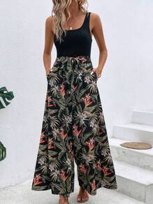 SHEIN LUNE Combinaison À Fines Brides Imprimé Tropical À Poche Ceinturé