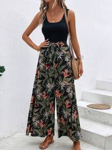 SHEIN LUNE Combinaison À Fines Brides Imprimé Tropical À Poche Ceinturé