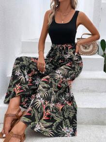 SHEIN LUNE Combinaison À Fines Brides Imprimé Tropical À Poche Ceinturé