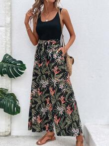 SHEIN LUNE Combinaison À Fines Brides Imprimé Tropical À Poche Ceinturé