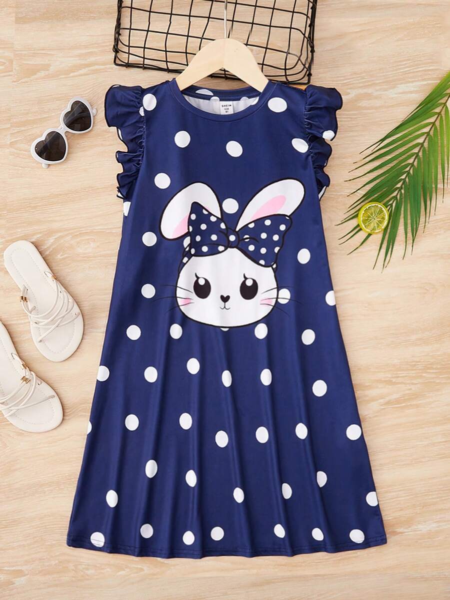SHEIN Tween Girl Polka Dot Cartoon Graphic Ruffle Trim Nightdress