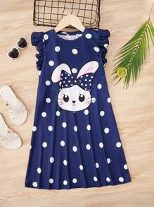 SHEIN Tween Girl Polka Dot Cartoon Graphic Ruffle Trim Nightdress