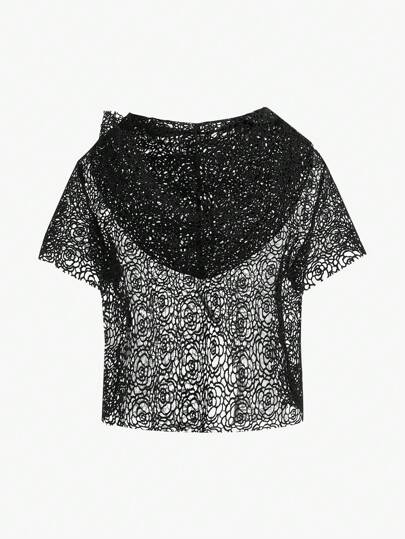 لباس علوي قص مجوف حافة غير متماثل شفاف قبعة بدون حمالة صدر