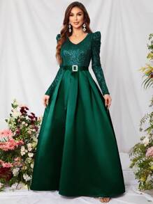 Đầm dạ hội dài tay sang trọng với thắt lưng đính sequin phối màu tương phản, thích hợp cho các buổi tiệc, đám cưới, lễ tốt nghiệp và các dịp khác. - Màu xanh lá cây đậm - Xem 1