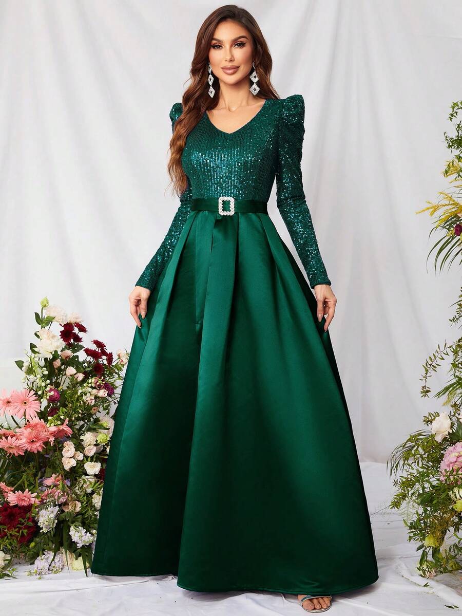 Đầm dạ hội dài tay sang trọng với thắt lưng đính sequin phối màu tương phản, thích hợp cho các buổi tiệc, đám cưới, lễ tốt nghiệp và các dịp khác. - Màu xanh lá cây đậm - Xem 1